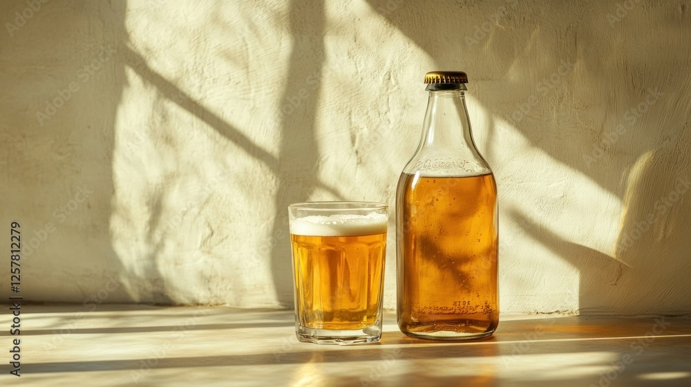 Glass and bottle of beer in sunlight Glass and bottle of beer in sunlight
