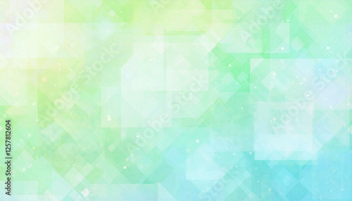 水色と緑のグラデーション、四角形が重なる抽象的背景