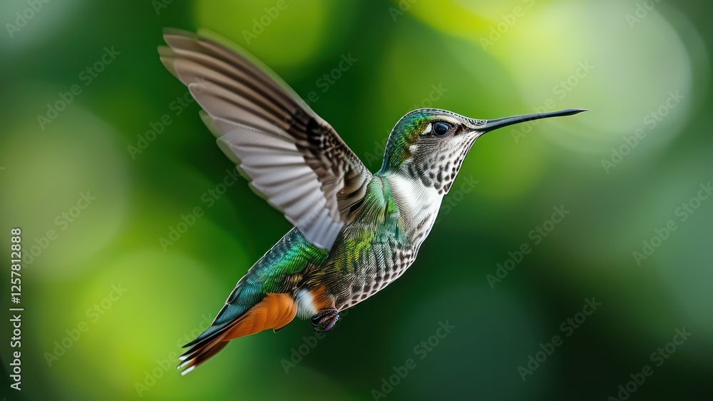 Fototapeta premium Vibrant hummingbird in mid flight, showcasing beauty and grace in a lush natural environment