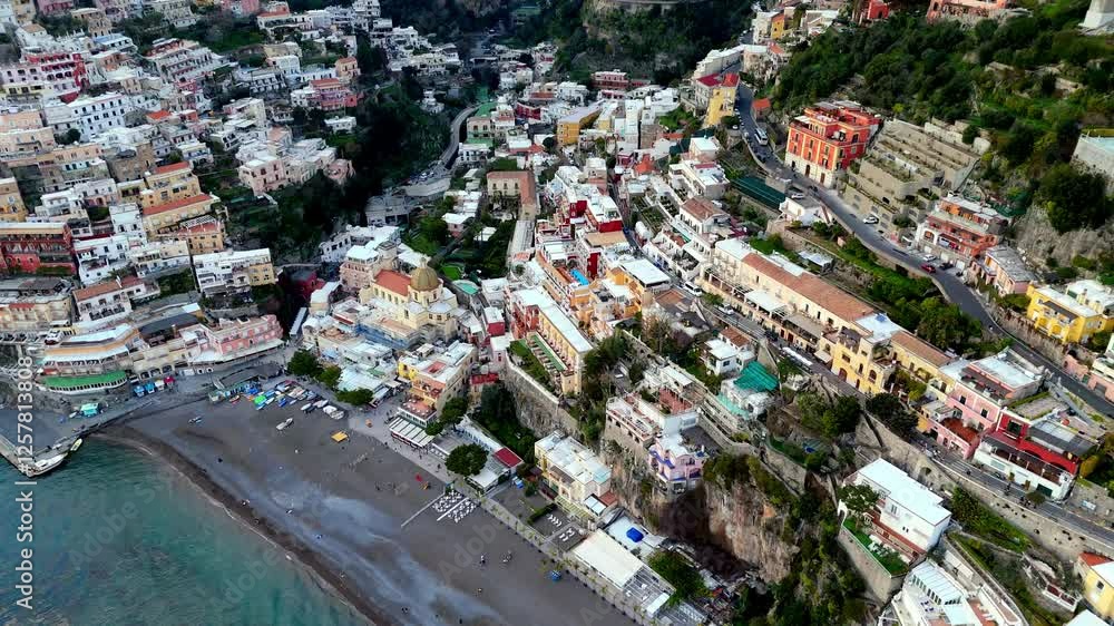 drone approach Amalfi town province of Salerno travel destination in Europe drone approach Amalfi town province of Salerno travel destination in Europe