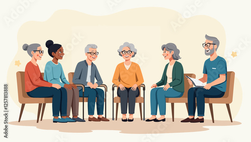 Senior people participating in a group psychotherapy session, engaging in positive interactions for mental well-being. Flat vector illustration of elderly individuals in therapy.