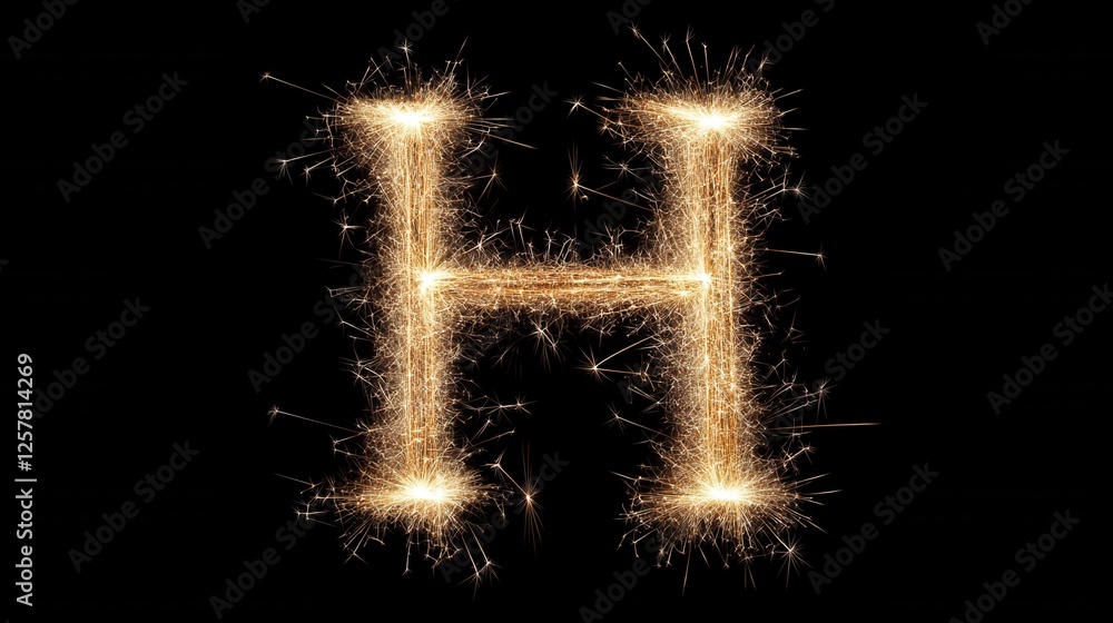 The English letter H made of sparklers on black background The English letter H made of sparklers on black background