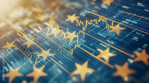 European financial market analysis with rising gold stars and digital graph lines, highlighting economic trends and investment opportunities.