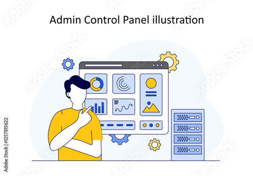 Vector illustration for server management and data analytics. An IT professional reviewing system performance on an admin control panel.