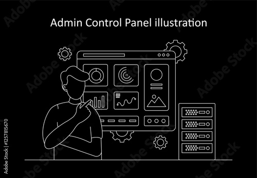 Vector illustration for an admin control panel. A system administrator analyzing data and statistics on a digital dashboard with server infrastructure.