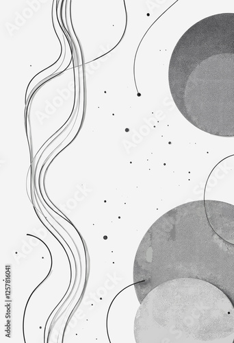 A black and white abstract composition with curved lines and dots, creating a sense of movement and energy. Vector patterns, random pattern