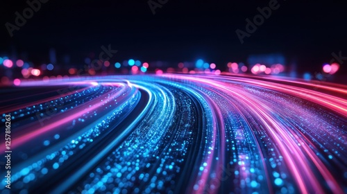 Neon data streams illuminating a futuristic cityscape at night