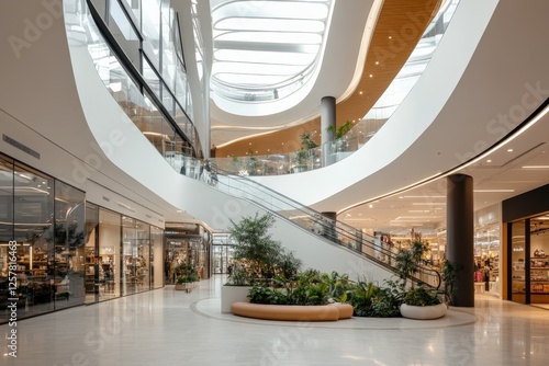 Modern shopping mall interior with stylish architecture and natural elements in a bright environment