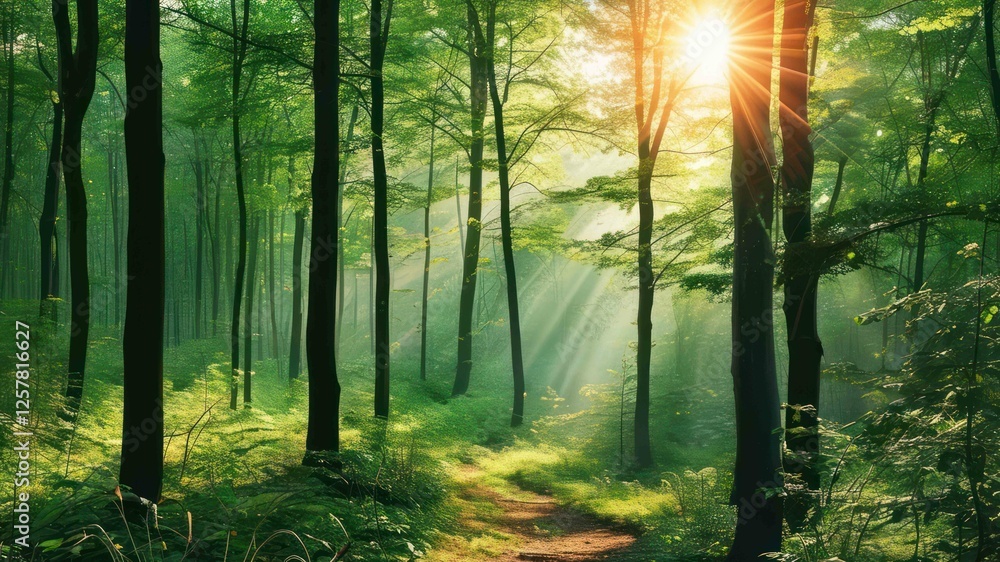 Obraz premium Sunlight filters through lush trees in tranquil forest, creating serene atmosphere perfect for outdoor adventures