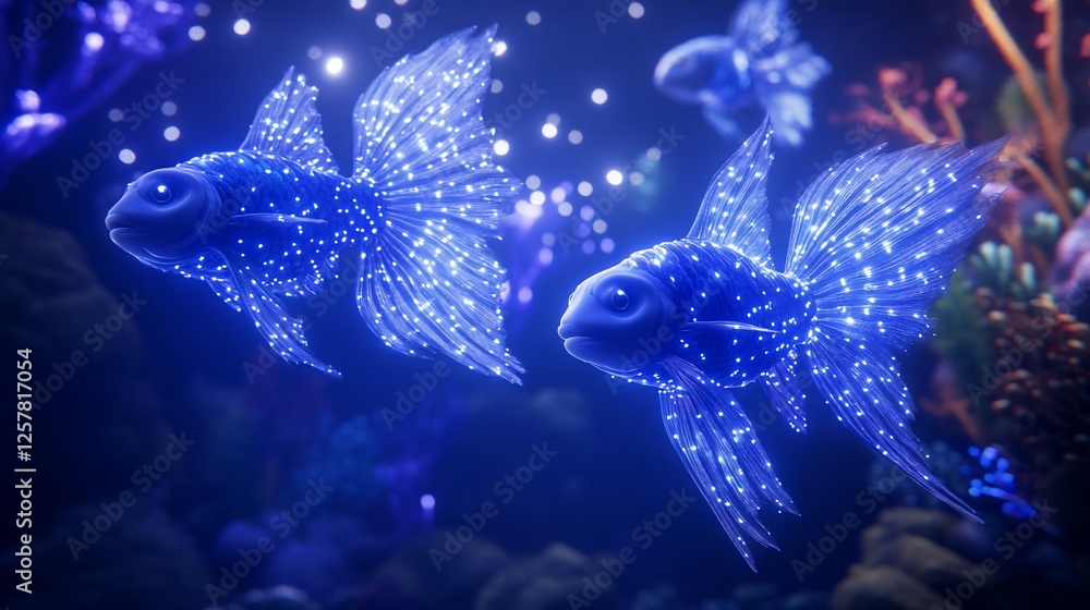 Fototapeta premium Glowing fish swim in underwater reef, fantasy scene, game asset