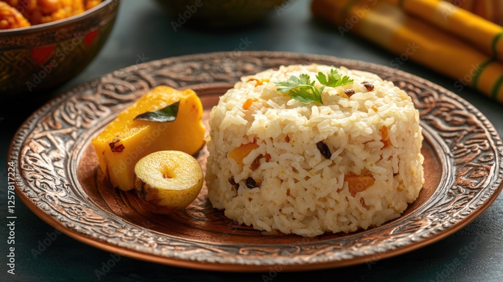 Close-up of delicious saffron rice with various fruit and vegetable garnishes on a plate, showcasing vivid food colors.
