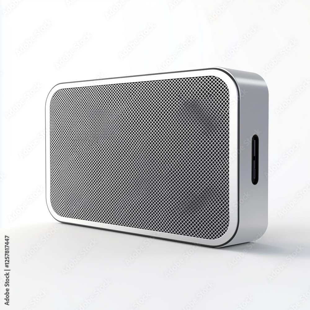 A compact wireless speaker with a metallic finish placed on a white background A compact wireless speaker with a metallic finish placed on a white background