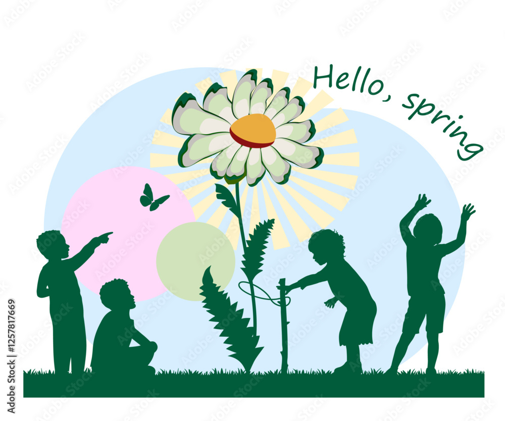 Children silhouettes. Hello, spring. Children playing in flower garden. Vector illustration. Children silhouettes. Hello, spring. Children playing in flower garden. Vector illustration.
