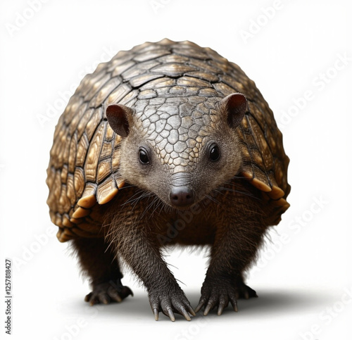 highly detailed and realistic nine-banded armadillo walking forward, isolated on a pure white background photo