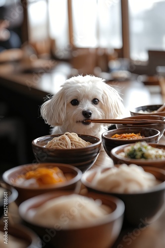 Un perro blanco pequeño se sienta en una mesa con platos de comida. photo