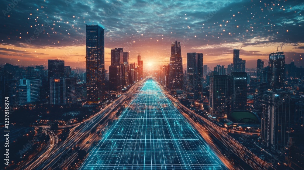 Obraz premium Futuristic city skyline with digital grid and vibrant sunset hues
