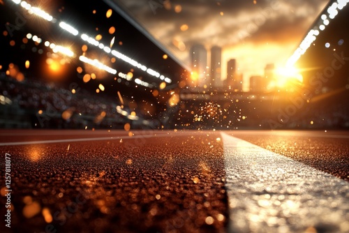 Evening sun sets over a vibrant athletic track with sparkling dust and city skyline in the background photo