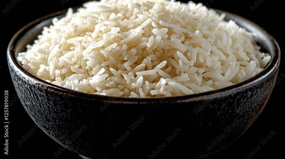Cooked rice bowl, close-up, dark background, food photography, recipe website Cooked rice bowl, close-up, dark background, food photography, recipe website