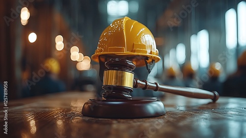 Construction worker's safety helmet on gavel; legal dispute, blurred background