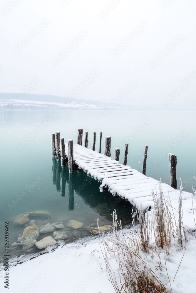 Naklejka premium Frozen lake dock during winter with no one around.