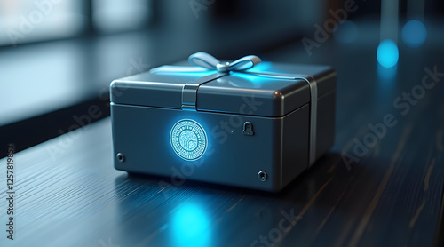 A beautifully wrapped gift box with a glowing blue ribbon sits on a dark wooden surface, evoking curiosity and excitement for what's inside