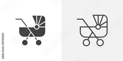 Baby carriage icons vectors illustrations in black fill and liner versions