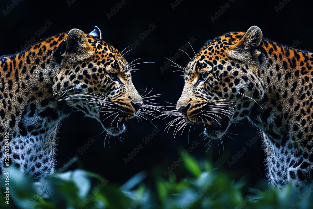 Obraz premium Two leopards are facing each other in a dark forest. Scene is tense and intense, as the two animals stare each other down