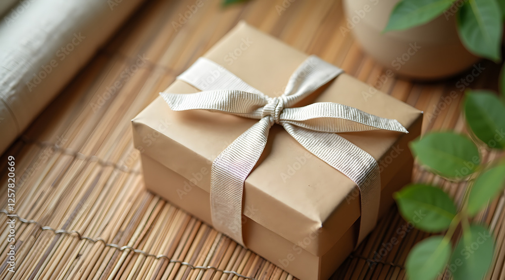A beautifully wrapped eco friendly gift box with a satin ribbon sits on a bamboo mat surrounded by greenery, evoking a sense of celebration and anticipation A beautifully wrapped eco friendly gift box with a satin ribbon sits on a bamboo mat surrounded by greenery, evoking a sense of celebration and anticipation