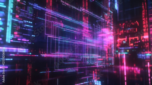 Abstract technological cityscape with neon gridlines and digital data flow