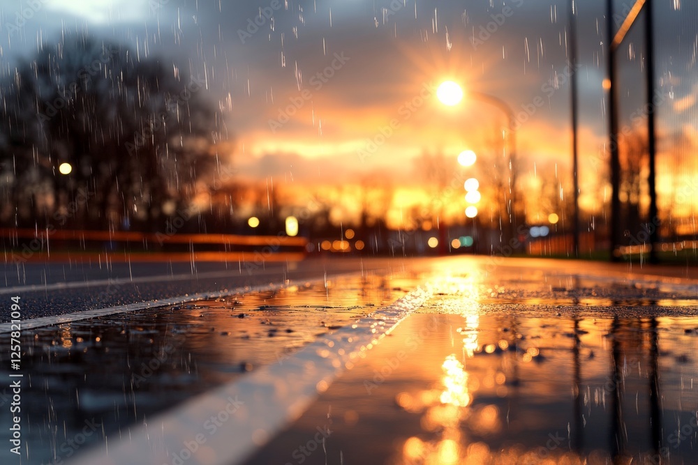 Rainfall creates reflections on a deserted street during sunset in a tranquil urban setting Rainfall creates reflections on a deserted street during sunset in a tranquil urban setting
