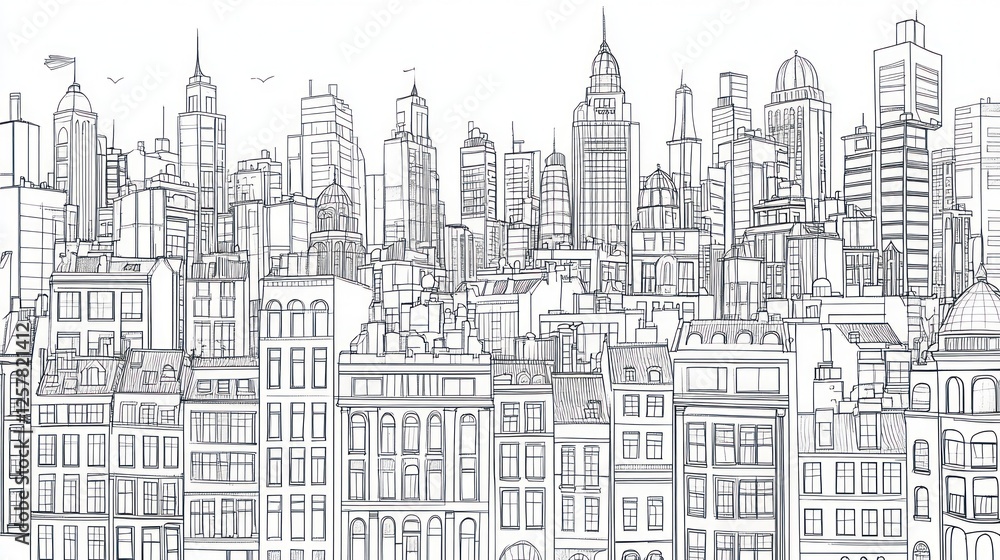 Naklejka premium Cityscape skyline drawing, urban buildings, birds flying, architectural design, website banner