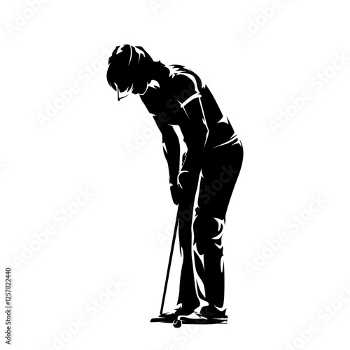 Golf, woman golfer putting the ball in the hole, isolated vector silhouette. Golf clip art