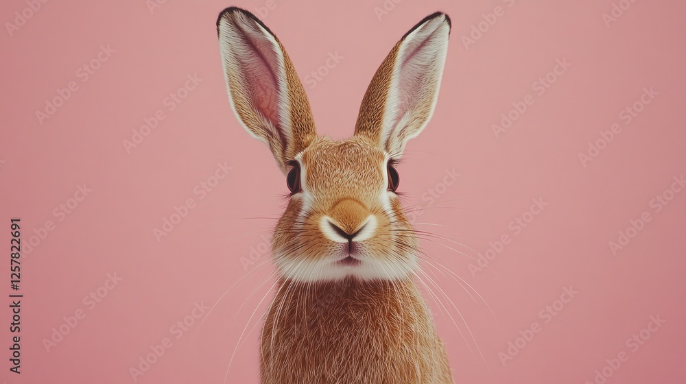 Fototapeta premium Cute brown bunny rabbit, pink background, Easter