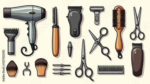 A set of haircut tools and accessories, including a hairdryer, hairbrush, razor, and scissors. These professional tools are designed for barbershops, illustrated in a hand-drawn, flat style.