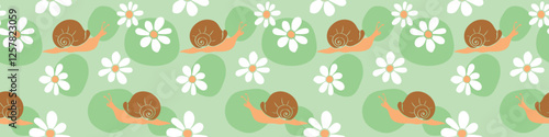 Vector seamless pattern of snails and flowers. Flat style. Flower meadow. Cute texture on theme of nature, spring, summer, children print