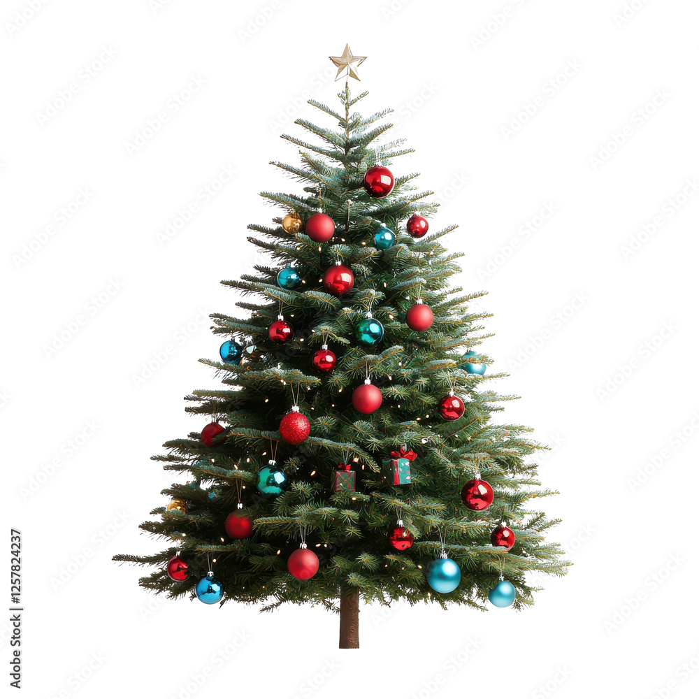 Decorative Christmas tree with ornaments on a white isolate background. Decorative Christmas tree with ornaments on a white isolate background.