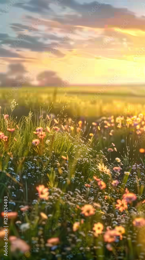 Obraz premium beautiful meadow wildflowers sunset golden glow orange pink sky peaceful scene