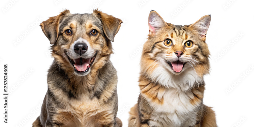 Fototapeta premium A happy dog and a content cat sitting together, smiling, isolated on a transparent background