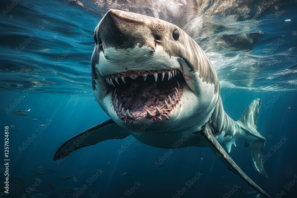 Obraz premium Large shark is swimming in the ocean with its mouth open. The shark is surrounded by other fish, some of which are swimming close to it. The scene is both beautiful and dangerous