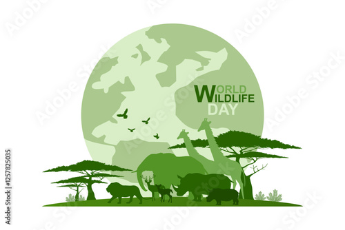 Wildlife safari diversity and Ecology of grassland savanna, Silhouette of wildlife family, Environmental and Wild animals conservation, National park in Africa, Eco friendly and World wildlife day.