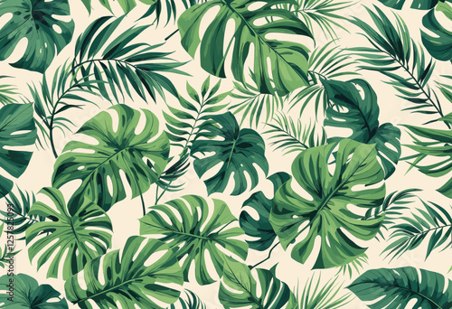 Tropical leaves in various shades of green, arranged in a repeating design. Vector patterns, random pattern