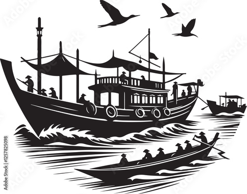 Houseboat on Water Silhouette Vector Design