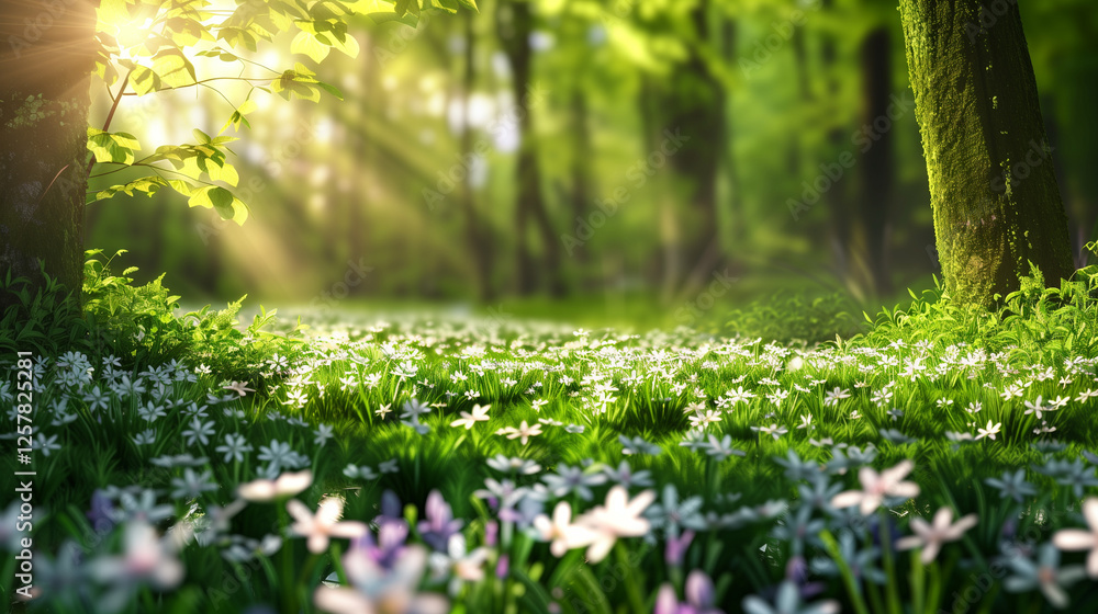 Obraz premium beautiful spring forest white flowers sunlight rays trees blooming meadow panoramic banner