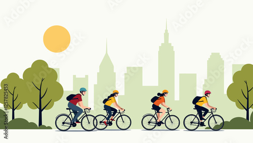 Cyclists, both men and women, riding bicycles through urban streets and park landscapes in the summer. A vibrant flat vector illustration of cycling in nature and city areas.