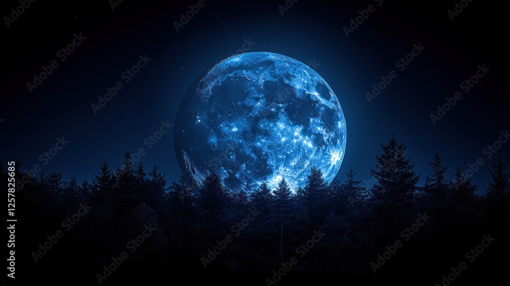 Blue Moon over Silhouetted Forest at Night Blue Moon over Silhouetted Forest at Night