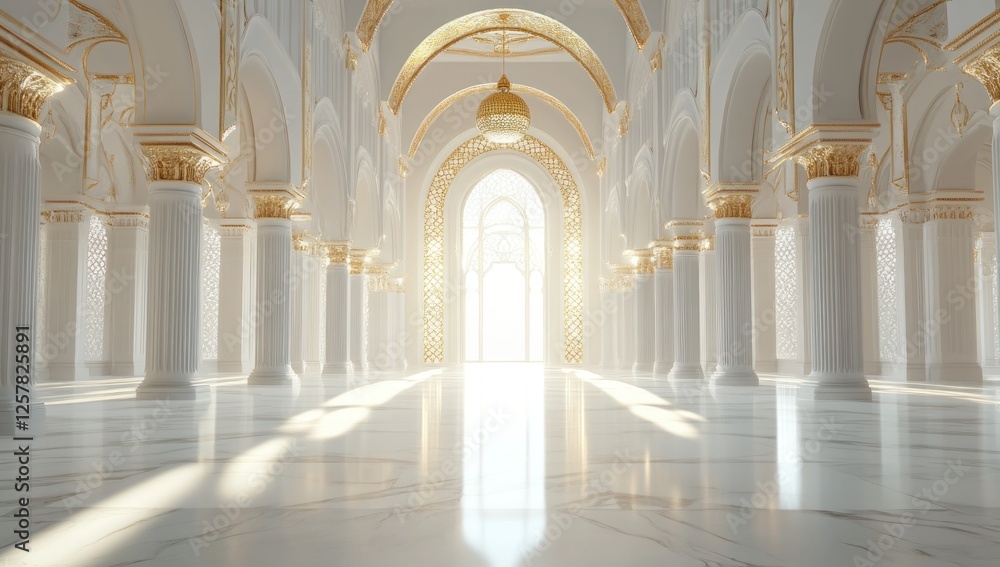 Grand Palace Interior: Opulent Hallway with Marble Floor and Golden Accents