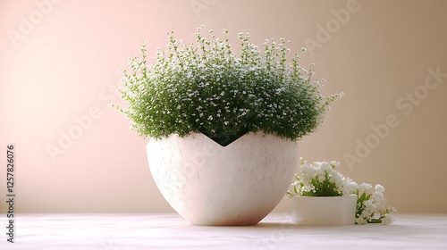 White flowers bloom in an eggshell shaped pot photo