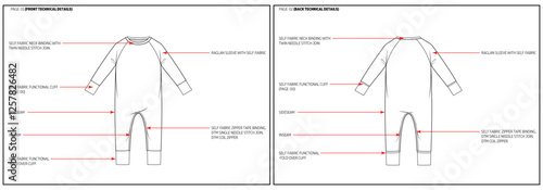 Raglan Sleeve Onesie Fashion Design Technical Tech Pack. 