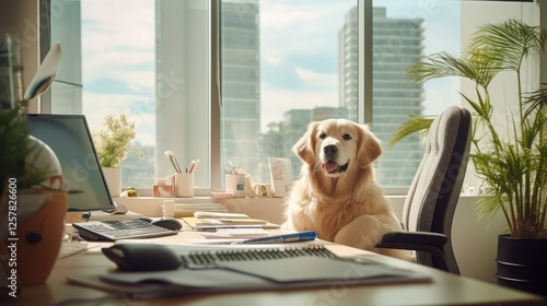 retriever dog in office photo