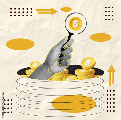 Hand holding magnifying glass over financial coins for investment insights, vector illustration